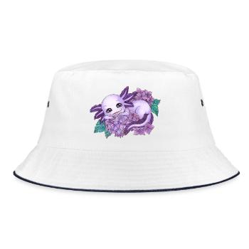 Axolotl in Lila mit Blume Blüte Hortensie - Bucket Hat - Weiß/Navy - Vorne