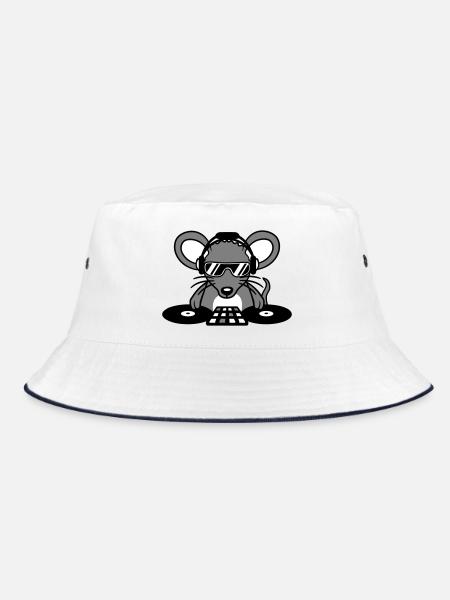 Maus DJ Sonnenbrille Kopfhörer Party Feiern Musik - Bucket Hat - Weiß/Navy - Vorne