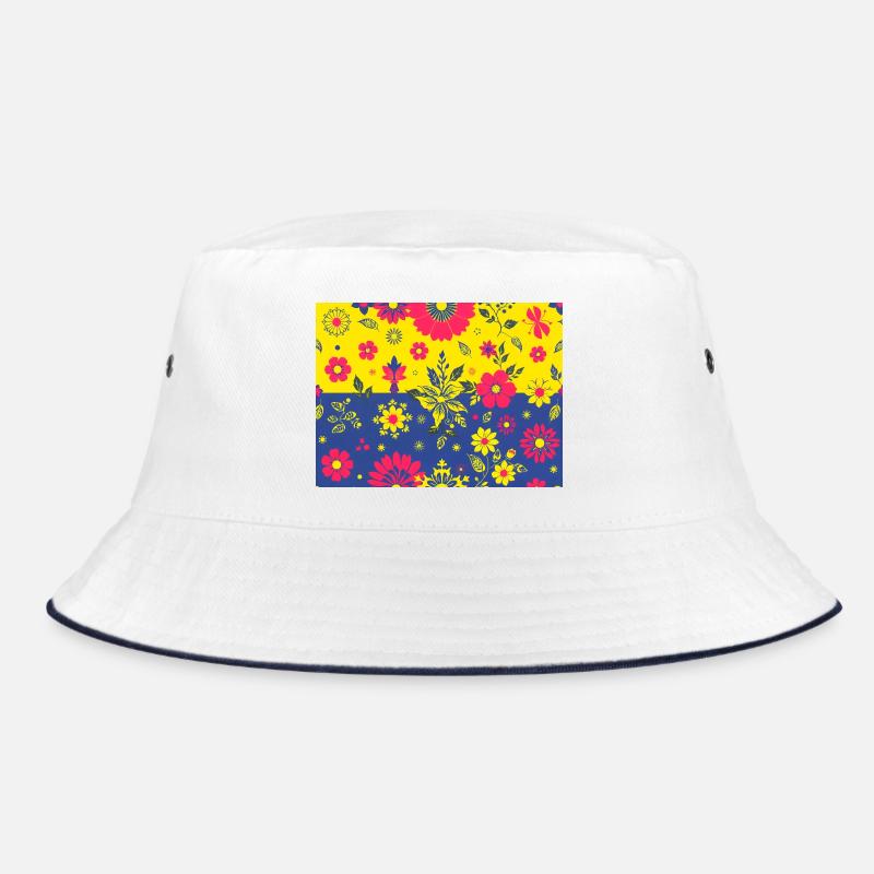 Blumenmuster mit kontrastfarbenem Hintergrund - Bucket Hat - Weiß/Navy