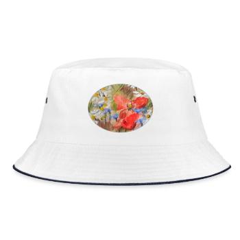 Rote Mohn- und Gänseblümchen-Wiesen-Malerei - Bucket Hat - Weiß/Navy - Vorne