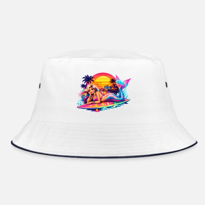 Mermaid Surfboard Retro Sunset Tropical Vibes Bucket Hat