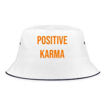 Positive Karma Typografie in Orange - Bucket Hat - Weiß/Navy - Vorne