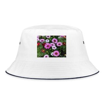 Blütenmosaik: Rosa Zinnia-Explosion - Bucket Hat - Weiß/Navy - Vorne