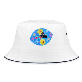 Rüde Lobo - vier Pfoten auf Regenbogen-Skateboard - Bucket Hat - Weiß/Navy - Vorne