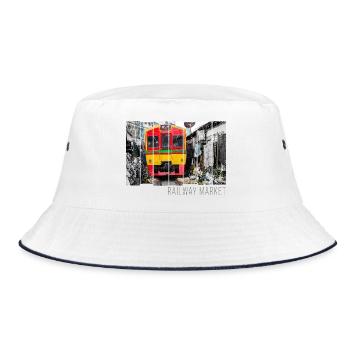 Railway Market Mae Klong in Thailand Souvenir - Bucket Hat - Weiß/Navy - Vorne
