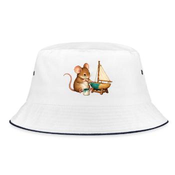Maus baut ein Modellsegelboot - Bucket Hat - Weiß/Navy - Vorne