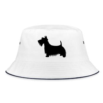 A silhouette illustration of a Scots Terrier Dog - Bucket Hat - white/navy - Front