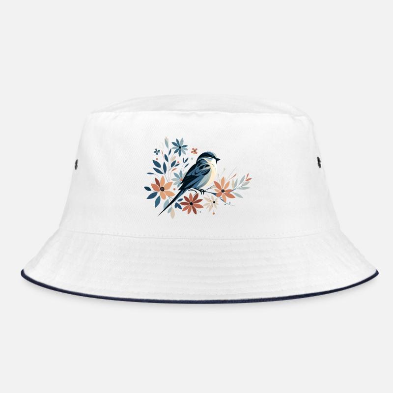Kleiner Vogel mit Blumen - Bucket Hat - Weiß/Navy