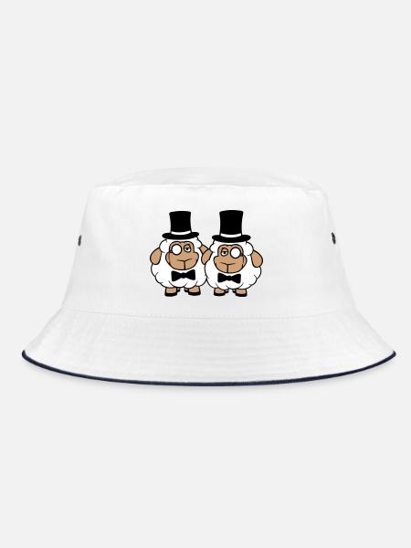 2 Schafe Herren Gentlemen Zylinder Hut Monokel Sir - Bucket Hat - Weiß/Navy - Vorne