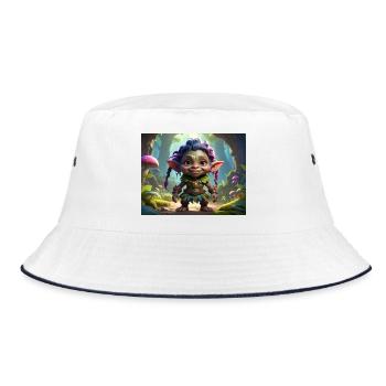 Waldgnom mit bunter Mähne - Bucket Hat - Weiß/Navy - Vorne