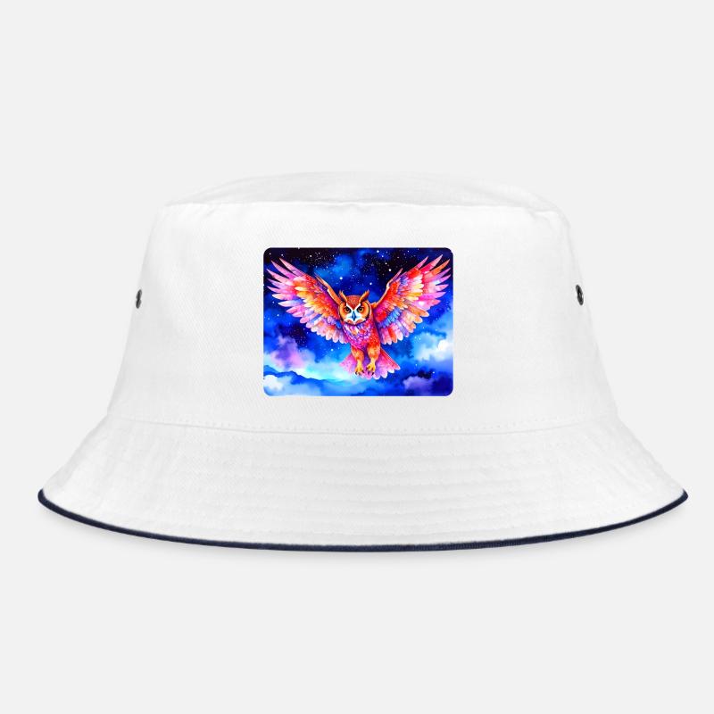 Bunter Uhu vor Sternenhimmel - Bucket Hat - Weiß/Navy