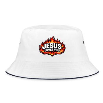 Jesus Loves You Flames Retro - Bucket Hat - white/navy - Front
