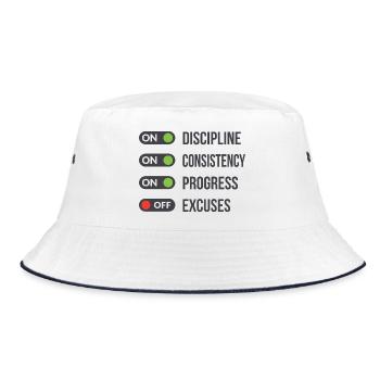 Discipline Consistency Progress Excuses OFF - Bucket Hat - Weiß/Navy - Vorne
