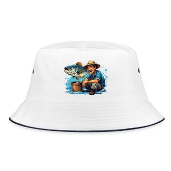 Fröhlicher Fischer und Riesenfisch - Bucket Hat - Weiß/Navy - Vorne