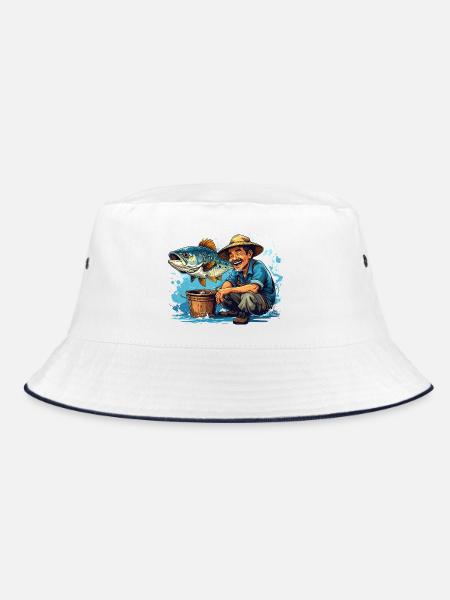Fröhlicher Fischer und Riesenfisch - Bucket Hat - Weiß/Navy