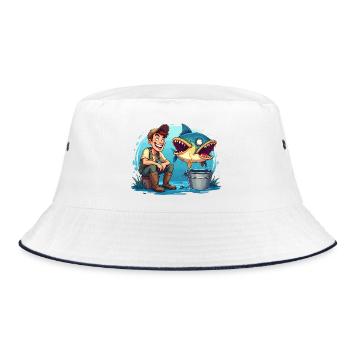 Angler und Riesen Fisch Cartoon - für Angler - Bucket Hat - Weiß/Navy - Vorne