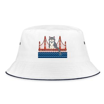 Lustige Katze sitzt auf der roten Brücke Katzen - Bucket Hat - Weiß/Navy - Vorne