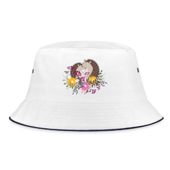 Two small hedgehogs sit together in the flower bed - Bucket Hat - white/navy - Front