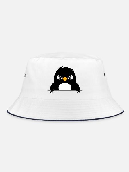 Pinguin Guckt Ernst Böse Gefährlich hinter Mauer - Bucket Hat - Weiß/Navy - Vorne