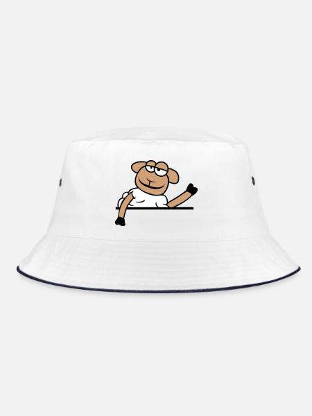 Schaf Winkt Hinter Mauer Zaun Schild Cool Lächeln - Bucket Hat - Weiß/Navy - Vorne