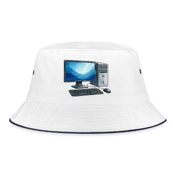 Retro PC Arbeitsstation Illustration - Bucket Hat - Weiß/Navy - Vorne