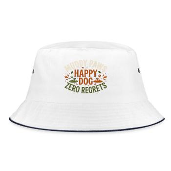 uddy Paws Happy Dog Zero Regrets – Lustiges Hundeh - Bucket Hat - Weiß/Navy - Vorne