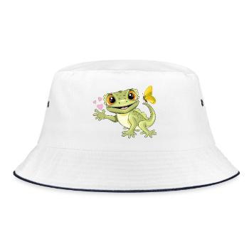 Lustiger lächelnder Gecko mit Schmetterling und Herzen - Bucket Hat - Weiß/Navy - Vorne