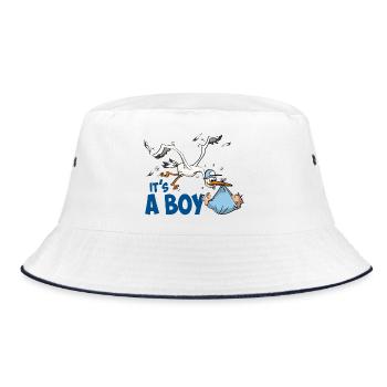 Storch mit dem kleinen Jungen; "Es ist ein Junge" - Bucket Hat - Weiß/Navy - Vorne