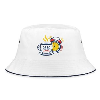 Müder Kaffee & Wecker–Lustiges Morgenmuffel Motiv - Bucket Hat - Weiß/Navy - Vorne