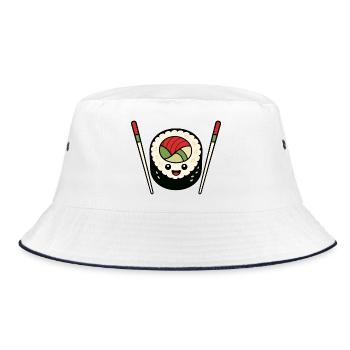 Lustiges Sushi Stäbchen Japan Essen Vektor Shirt - Bucket Hat - Weiß/Navy - Vorne