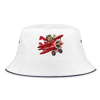 Frosch Pilot im roten Flugzeug roter Baron - Bucket Hat - Weiß/Navy - Vorne