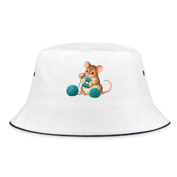 Maus wickelt einen Wollpompon - Bucket Hat - Weiß/Navy - Vorne