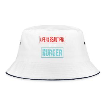 Lebensfreude mit Burger Spruch - Bucket Hat - Weiß/Navy - Vorne
