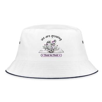 Rosa Blumen wachsen aus offenem Buch mit Zitat - Bucket Hat - Weiß/Navy - Vorne