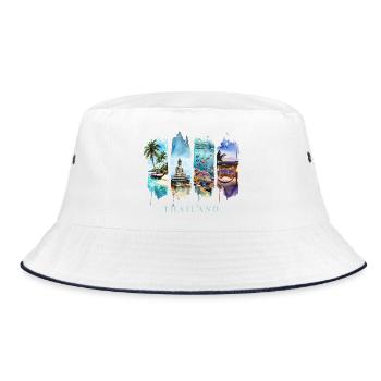Thailand Urlaub Travel – Longtail Boot & Buddha - Bucket Hat - Weiß/Navy - Vorne