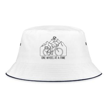 One Wheel at a Time Female Cyclist Line Art - Bucket Hat - white/navy - Front