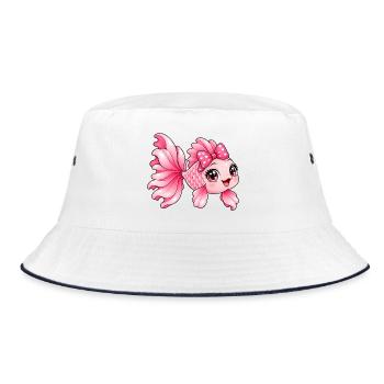 Kawaii Pink Fish mit Schleife und Herzen - Bucket Hat - Weiß/Navy - Vorne