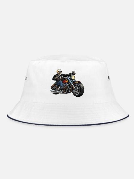 Skelett Biker auf Feuerflammen Motorrad - Bucket Hat - Weiß/Navy