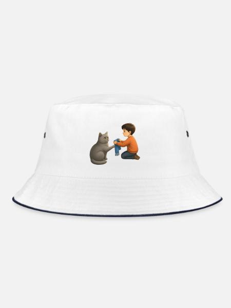 Teodoro y la bufanda azul | Junge und Katze - Bucket Hat - Weiß/Navy
