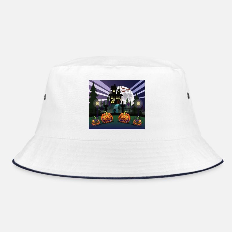 Haunted mansion with a cemetery on Halloween night. Bucket Hat