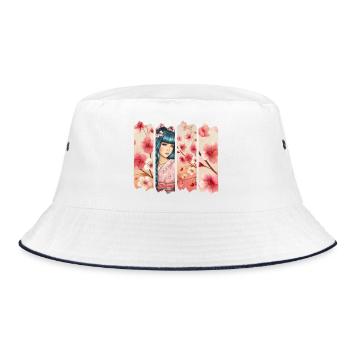 Kirschblüten Kimono Panel Portrait - Bucket Hat - Weiß/Navy - Vorne