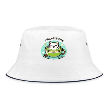 Meow-Cha Time – Kawaii Katzen Matcha Geschenk - Bucket Hat - Weiß/Navy - Vorne