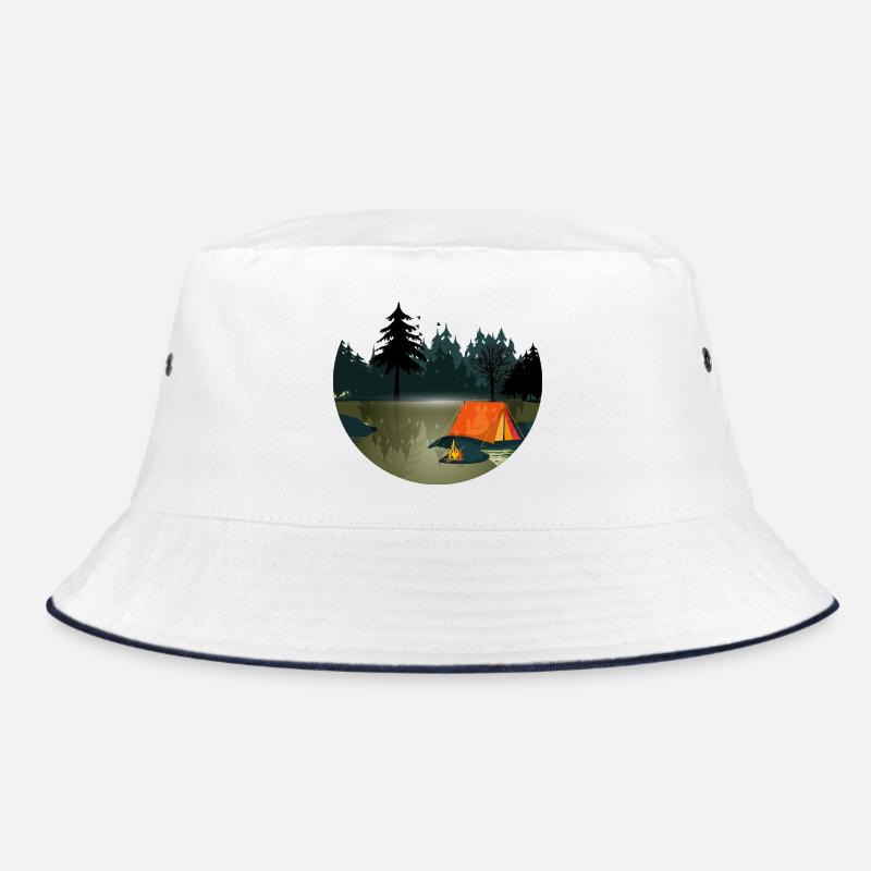 Tent and campfire in the dark forest Bucket Hat