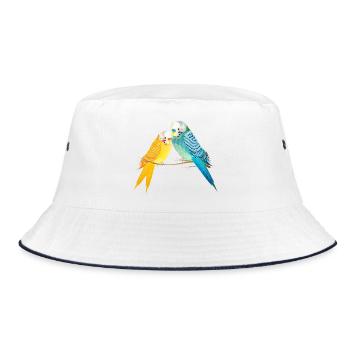 Two budgies on a branch in pastel colors - Bucket Hat - white/navy - Front