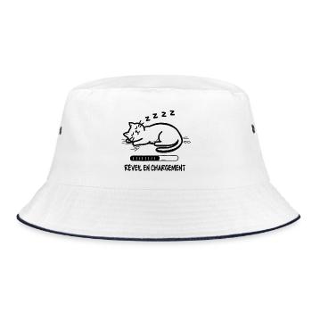 Schlafende Katze, Wecker lädt sich auf - Bucket Hat - Weiß/Navy - Vorne