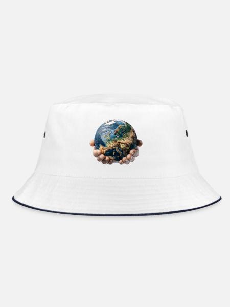 Erde in Händen: Globale Verantwortung - Bucket Hat - Weiß/Navy - Vorne