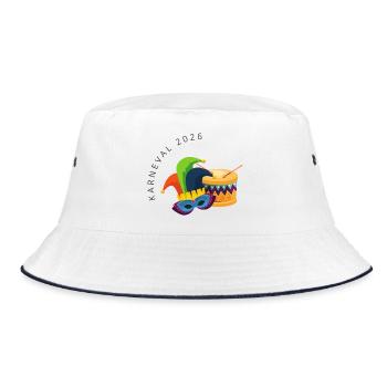 Karneval 2026 – Maske & Trommel buntes Design - Bucket Hat - Weiß/Navy - Vorne