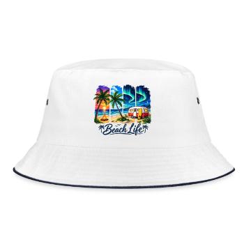 Beach Life: Sunset & Camper - Bucket Hat - white/navy - Front