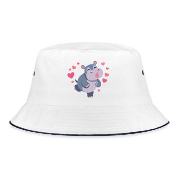 Herziger Hippo mit Herzen und Kussmund - Bucket Hat - Weiß/Navy - Vorne