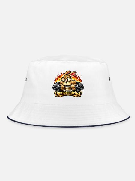 Pumpernickel – Muskelhase beim Krafttraining - Bucket Hat - Weiß/Navy